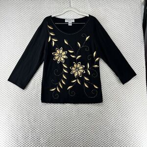 Lauren Michelle Floral Embellished Top Gold Accents Petite Size Long Sleeve